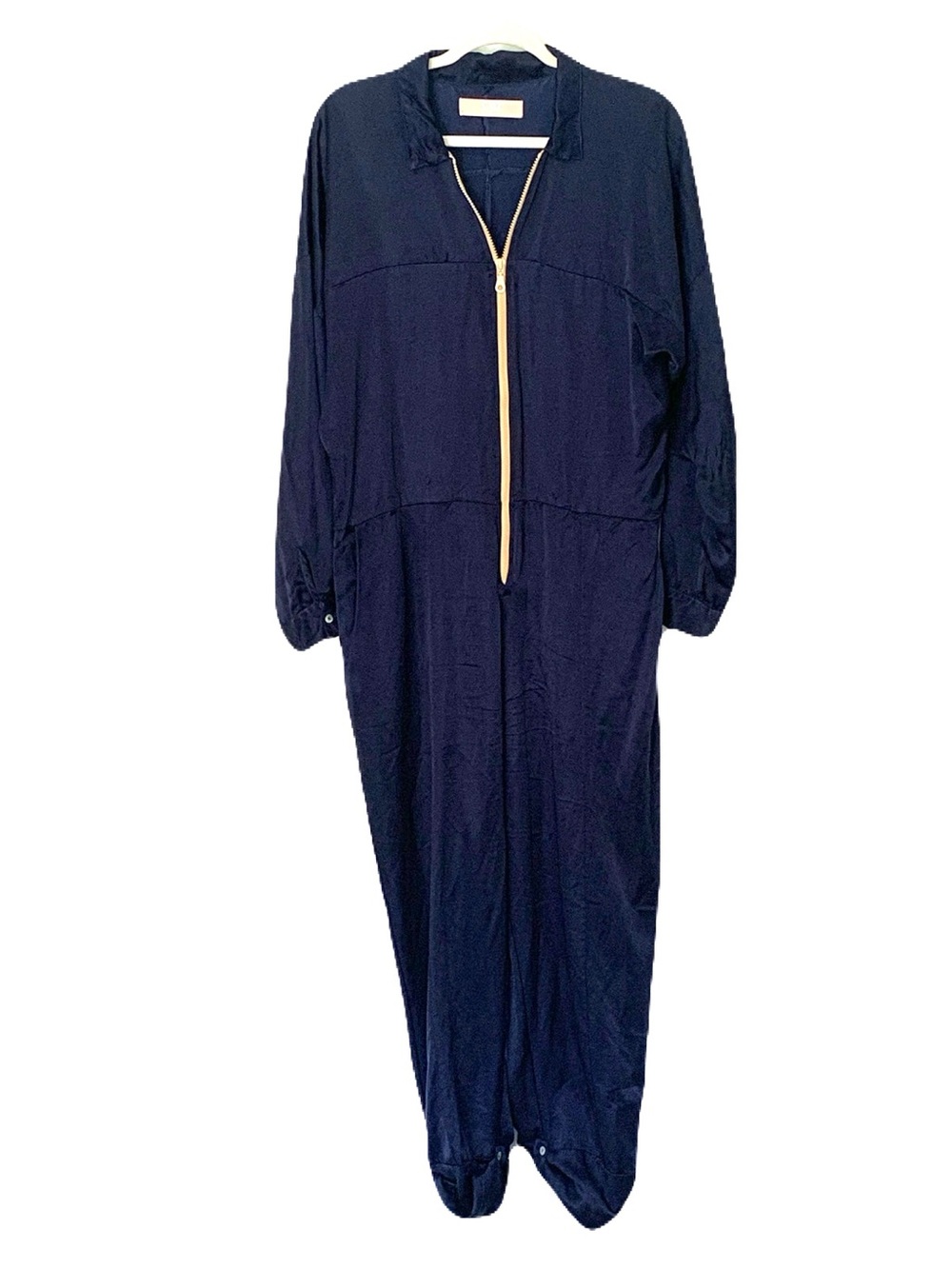Cali by Cali Dreaming Large Navy Satin One Piece Flight Suit Jumpsuit Zip Front